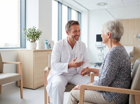 Friendly male doctor and senior female patient smiling and caring while discussing health during a medical consultation in a bright modern hospital room [with copy space]