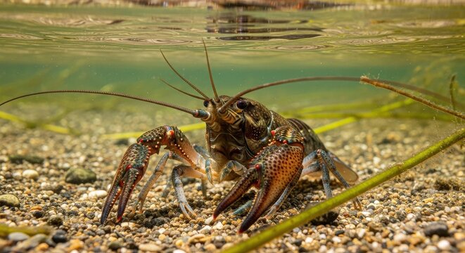 crayfish underwater on riverbed with clear water