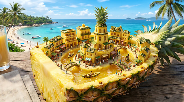 Miniature city built inside a pineapple on a tropical beach