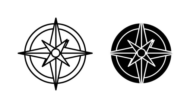 Nautical Compass Rose Black Outline and Solid Vector Icons