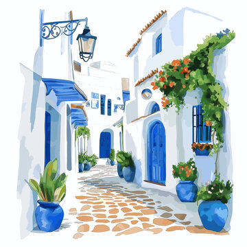 Sidi Bou Said. Sidi Bou Said hand drawn watercolor illustration on white background