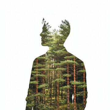 Silhouette of a man with a serene mood representing nature connection through a double exposure forest effect on a white background with copy space.