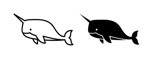 Narwhal Icons, White and Black Vector Art, Arctic Marine Mammal Symbols © Nahid