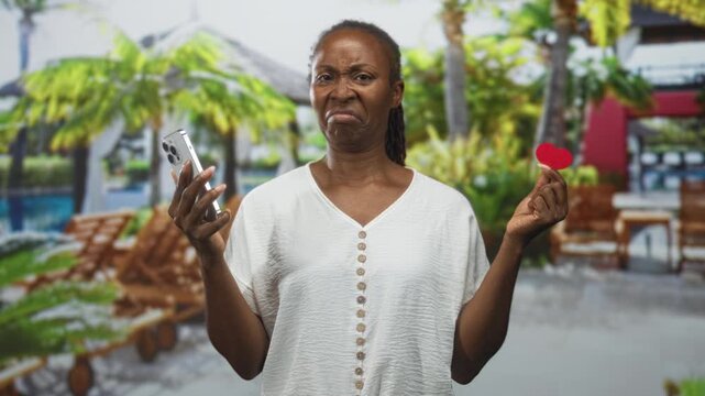 Woman holds smartphone and small red heart between fingers, grimacing in a studio; relationship doubt disgust.