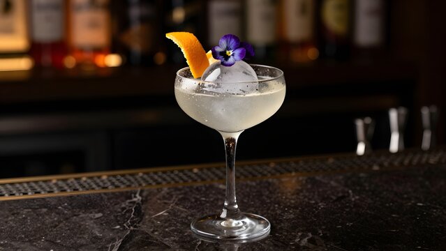 31. A photorealistic elegant cocktail in a coupe glass with a perfectly clear ice sphere, garnished with an expressed orange peel and edible flower, condensation droplets on the glass surface, set on