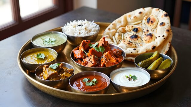 33. A photorealistic vibrant Indian curry thali on a traditional brass plate, multiple small bowls containing butter chicken, dal, raita, basmati rice, fresh naan bread, pickles and chutneys, garnishe