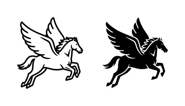Flying Pegasus Horse Silhouette and Outline Vector Illustration
