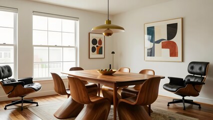 Fototapeta premium 55. A stunning photorealistic mid-century modern dining room interior with a vintage teak dining table, curved molded plywood chairs, iconic Saarinen pendant light, Eames lounge chair in the corner, a