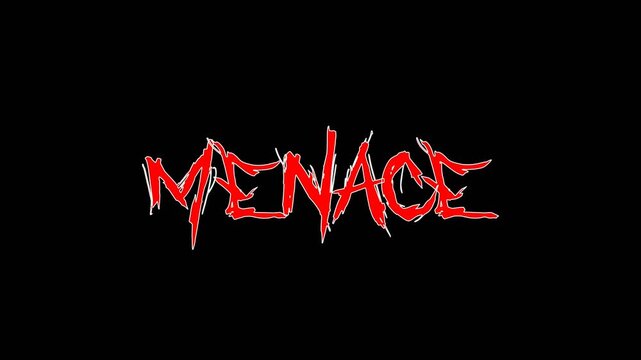 Aggressive menace text animation with jagged red letters in scratched on dark black background, conveying danger, intensity, and raw hostile energy.