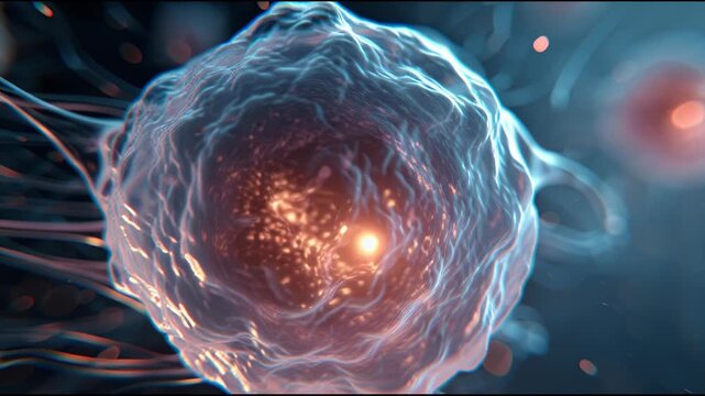 Microscopic view of a glowing cell with intricate details.