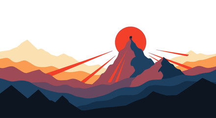 A lone figure stands silhouetted against a vibrant mountain sunset © Silpi