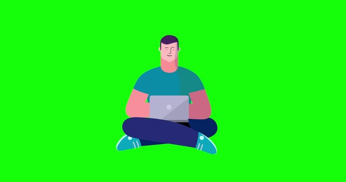 Animated man sitting yoga pose laptop greenbox. Cartoon animation of businessman smiling working. Business explainer flat design people serie movie. Male position with computer work scene video.