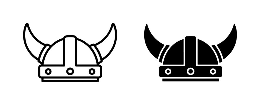 Viking helmet icon set with horns in outline and solid style