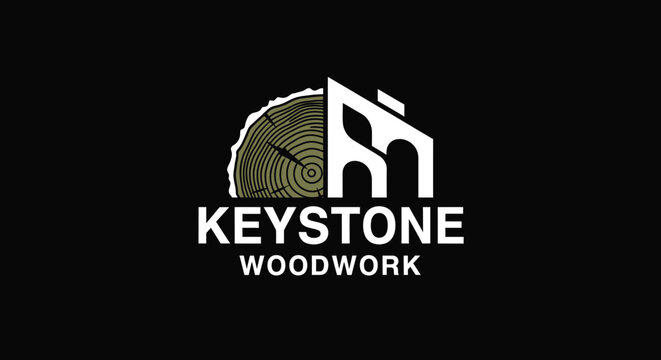 Keystone Woodwork logo featuring a house and wood slice design on black background.