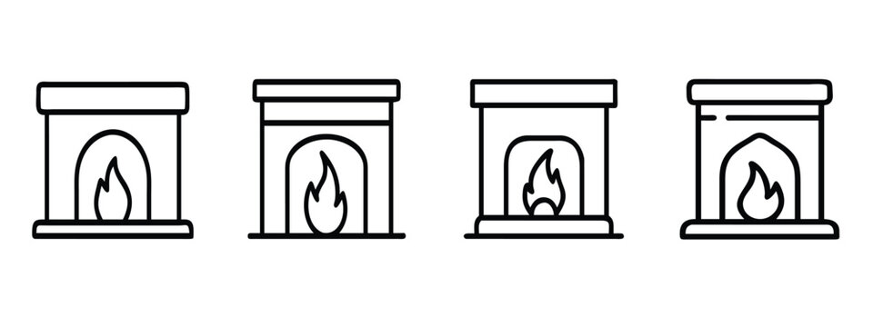 Fireplace web line icons set home hearth interior fire burning stove chimney heater furnace equipment web line icons set & more vector illustration on editable stroke