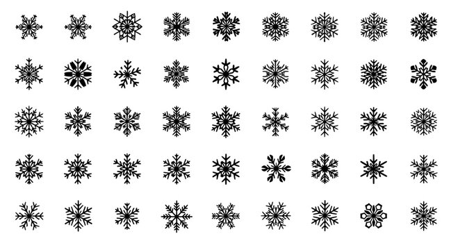 Snowflake pattern set with intricate winter rosette designs, crisp monochrome vector icons for holiday cards and decorations