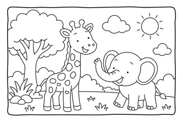 Fototapeta premium Happy Safari Animals Scene – Giraffe and Elephant Coloring Page for Kids