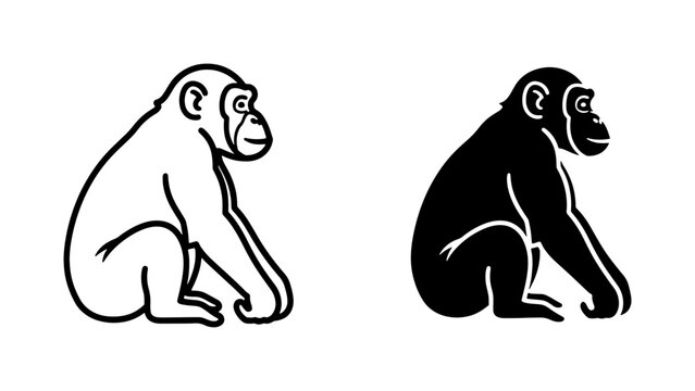 Chimpanzee sitting profile line art and silhouette vector