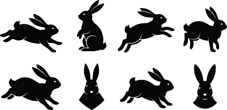 Black rabbit silhouettes collection in various poses on white background