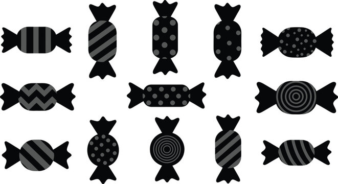 Assorted wrapped candy silhouettes with patterns on white background, chocolate