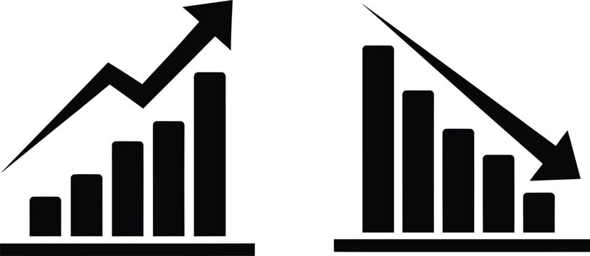 Business growth and decline bar chart icons on white background with business
