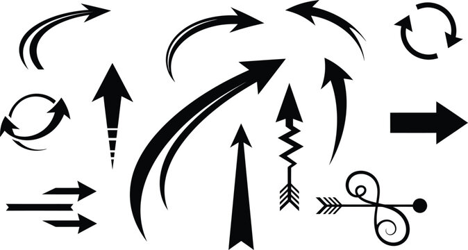 Collection of curved and decorative black arrow icons on white background