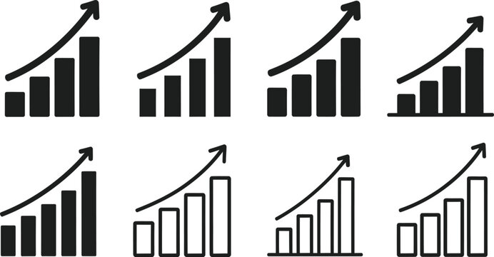 Set of business bar chart growth icons with upward trending arrows, business