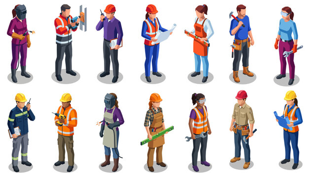 Construction workers team collection | professional building crew members set | industrial engineering staff group in varied work uniforms and tools