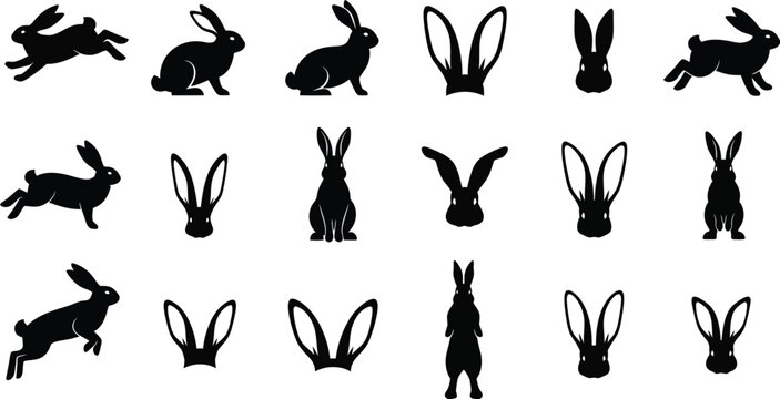 Set of black rabbit and hare silhouettes in hopping and sitting poses with wildlife