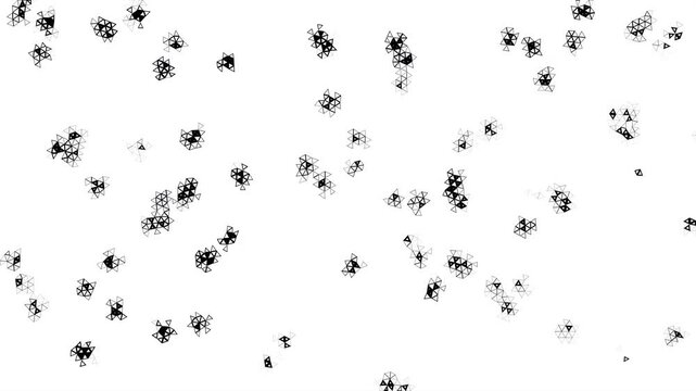 Large amount of triangular particles appears from different positions and grows, merging to fill the screen. 3D animation. Seamless loop in 4K with alpha channel, ideal for transitions and overlays.