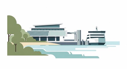 Obraz premium Modern building by serene waterfront landscape.