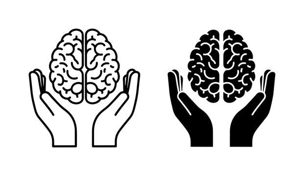 Human Brain Care Icon Set with Supporting Hands