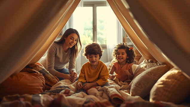 A warm and joyful scene of a mother and her two young children enjoying quality time together inside a cozy tent. Perfect for illustrating family life