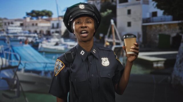 Young police officer woman holding coffee cup with puckered lips kiss gesture, uniform badge visible on navy shirt, street near marina pier; pride.