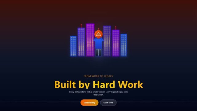 Built by Hard Work typography animation, modern business landing page with city skyline, corporate success and legacy concept video