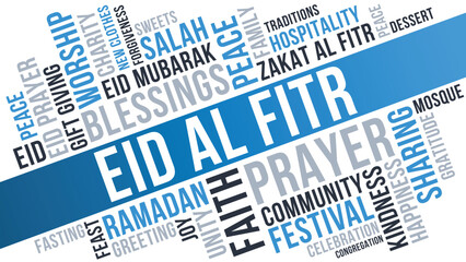 Fototapeta premium Eid Al Fitr Word Cloud Design for Poster, Greeting Card, Social Media Banner. Eid Al Fitr blue diagonal typography