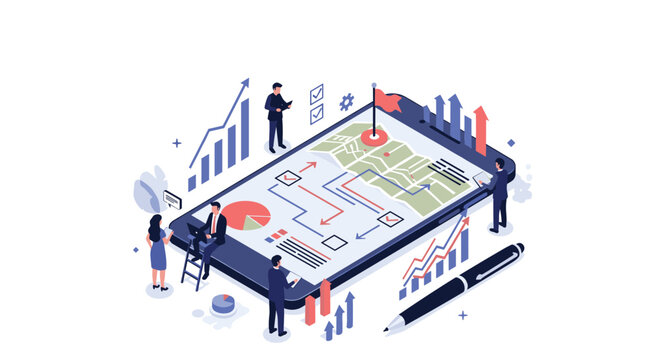 Group of professional planners designing a strategic route or journey on a large digital tablet map display.