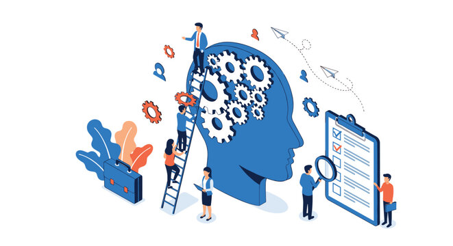 Team of professionals working together to optimize mental performance and cognitive processes using technical tools and checklists.