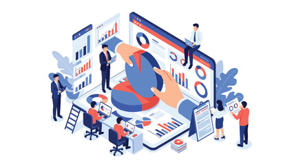 Obraz premium Business intelligence and data analytics dashboard concept showing professionals analyzing various financial charts and reports.