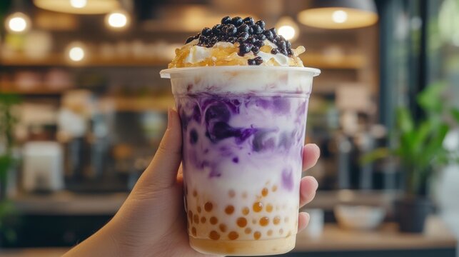 A hand holding a vibrant taro bubble tea beverage in a clear cup