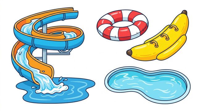 Cartoon illustration of a water slide, banana, life preserver, and pool on a white background with bright colors