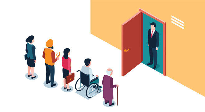 Inclusive queue of diverse people including elderly and disabled waiting in line to enter a doorway for service.