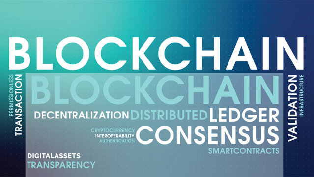 Blockchain Technology Word Cloud, Decentralization Distributed Ledger Consensus Background