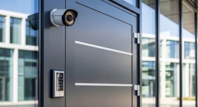 Security Camera and Keypad Entry Device on Modern Door