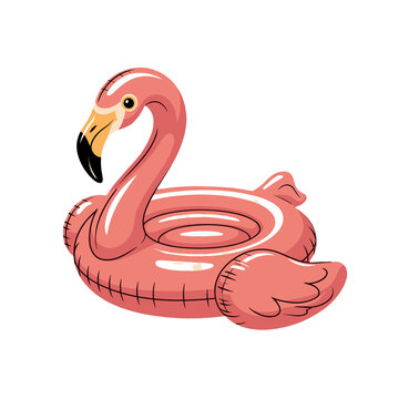 A pink flamingo pool float on a sunny day.