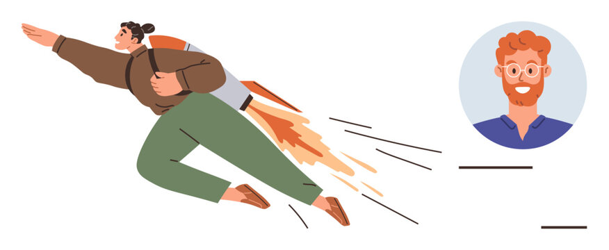 Career growth, innovation, aspiration, online networking, goal setting, productivity. Person flying with rocket backpack approaching profile headshot. Career growth and innovation concept