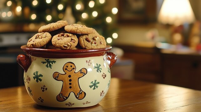 A cookie-filled crock with gingerbread design in a warm festive setting