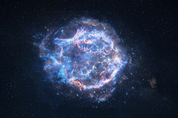 Magnificent supernova remnant in deep space, featuring glowing blue and pink gas filaments and brilliant star clusters. A detailed cosmic illustration of a nebula expanding through the universe. © alones