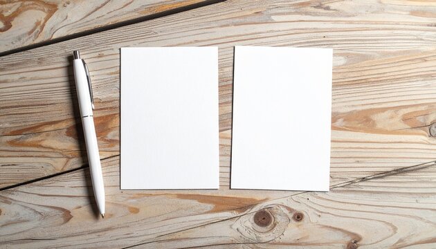 "Two blank white sheets of paper on rustic wooden surface with white pen nearby"