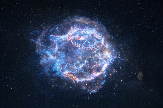 Magnificent supernova remnant in deep space, featuring glowing blue and pink gas filaments and brilliant star clusters. A detailed cosmic illustration of a nebula expanding through the universe.